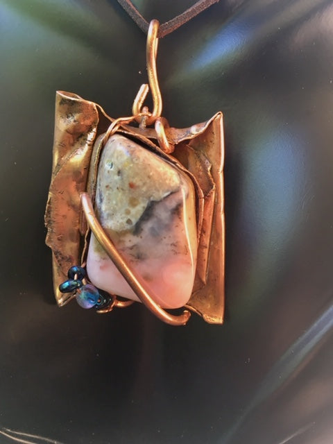 Necklace Slide. Opal; Pink (polished) in Copper